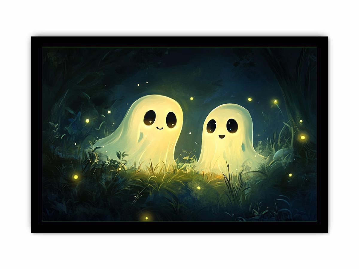 Cute glowing ghost illustration with fireflies for kids room or nursery wall decor.