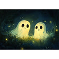 Cute glowing ghost illustration with fireflies for kids room or nursery wall decor.