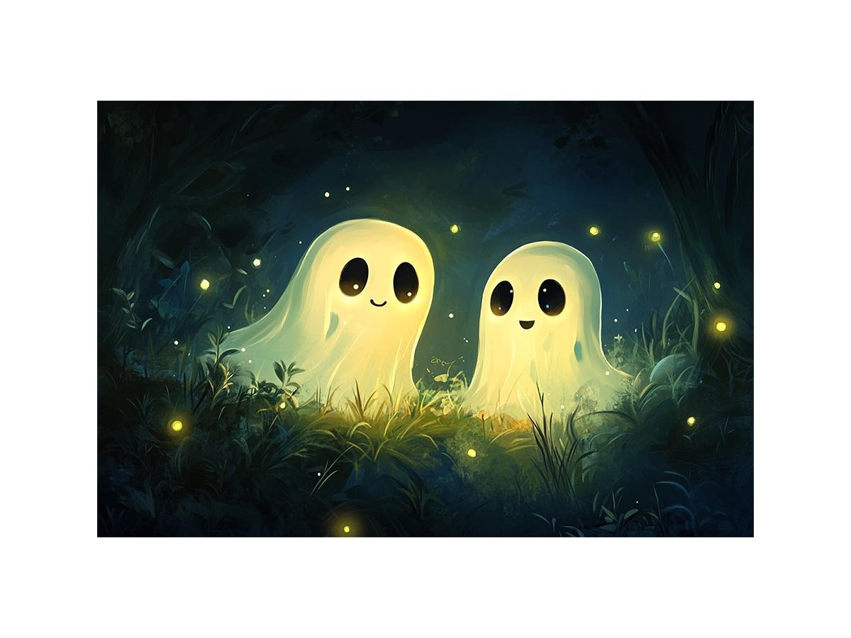 Cute glowing ghost illustration with fireflies for kids room or nursery wall decor.