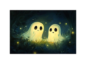 Cute glowing ghost illustration with fireflies for kids room or nursery wall decor.