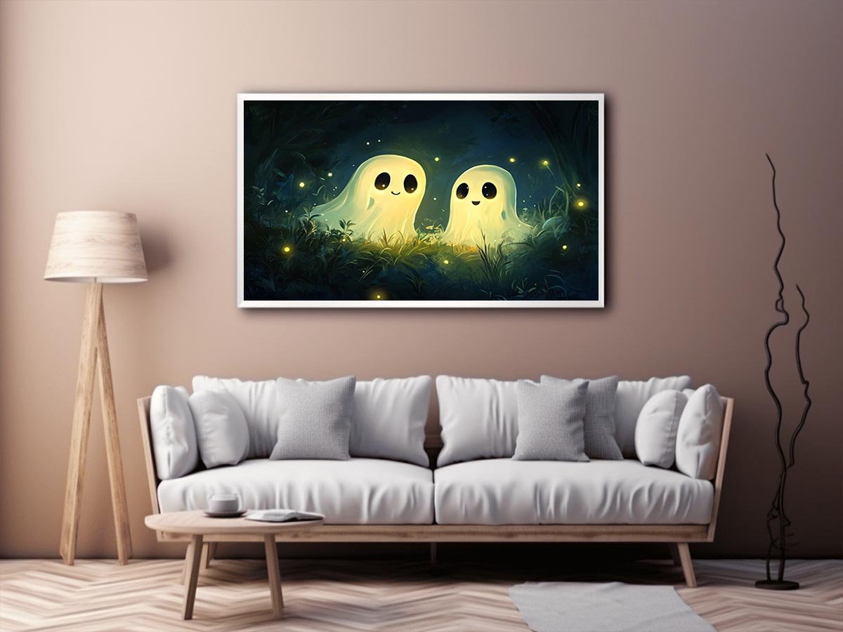 Cute glowing ghost illustration with fireflies for kids room or nursery wall decor.