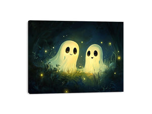 Cute glowing ghost illustration with fireflies for kids room or nursery wall decor.