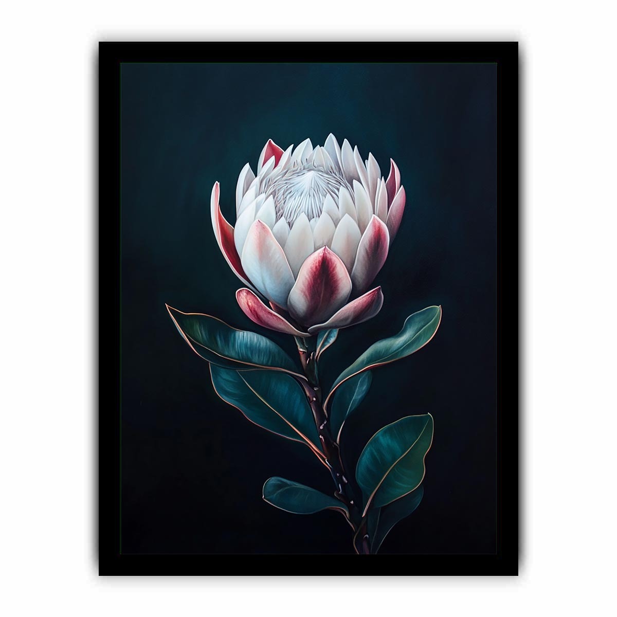 Moody protea flower canvas art with dark background for elegant bedroom decor.