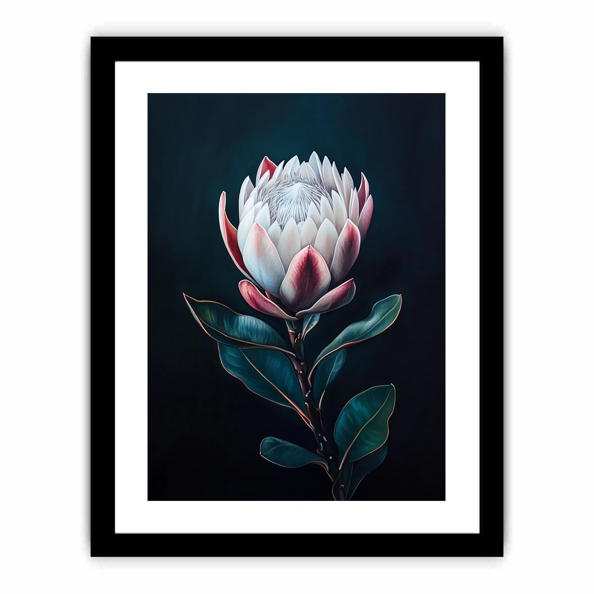 Moody protea flower canvas art with dark background for elegant bedroom decor.