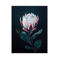 Moody protea flower canvas art with dark background for elegant bedroom decor.