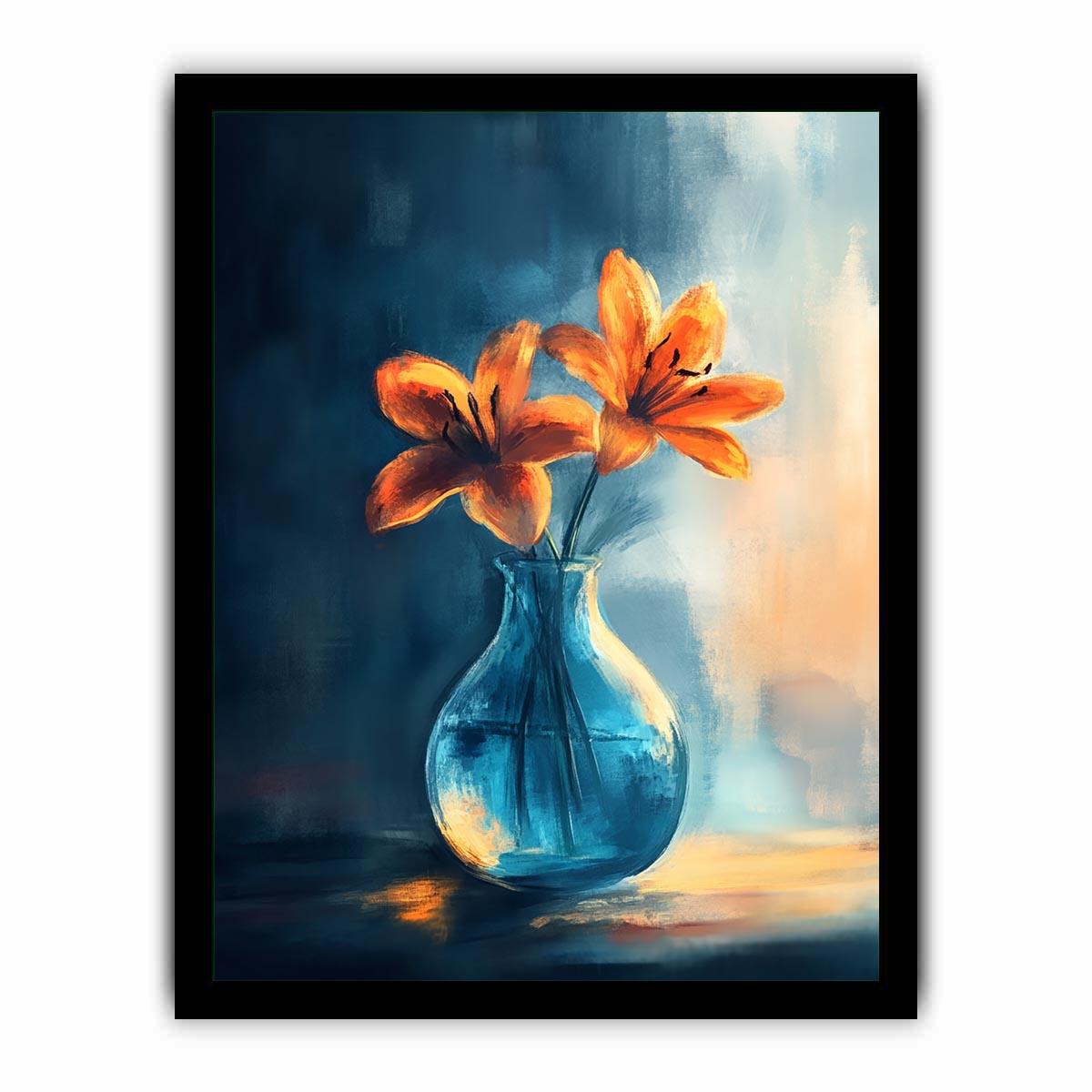Orange lilies in blue glass vase canvas art for dining room or kitchen decor.