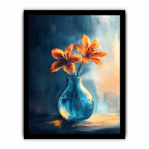 Orange lilies in blue glass vase canvas art for dining room or kitchen decor.