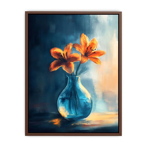 Orange lilies in blue glass vase canvas art for dining room or kitchen decor.