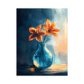 Orange lilies in blue glass vase canvas art for dining room or kitchen decor.
