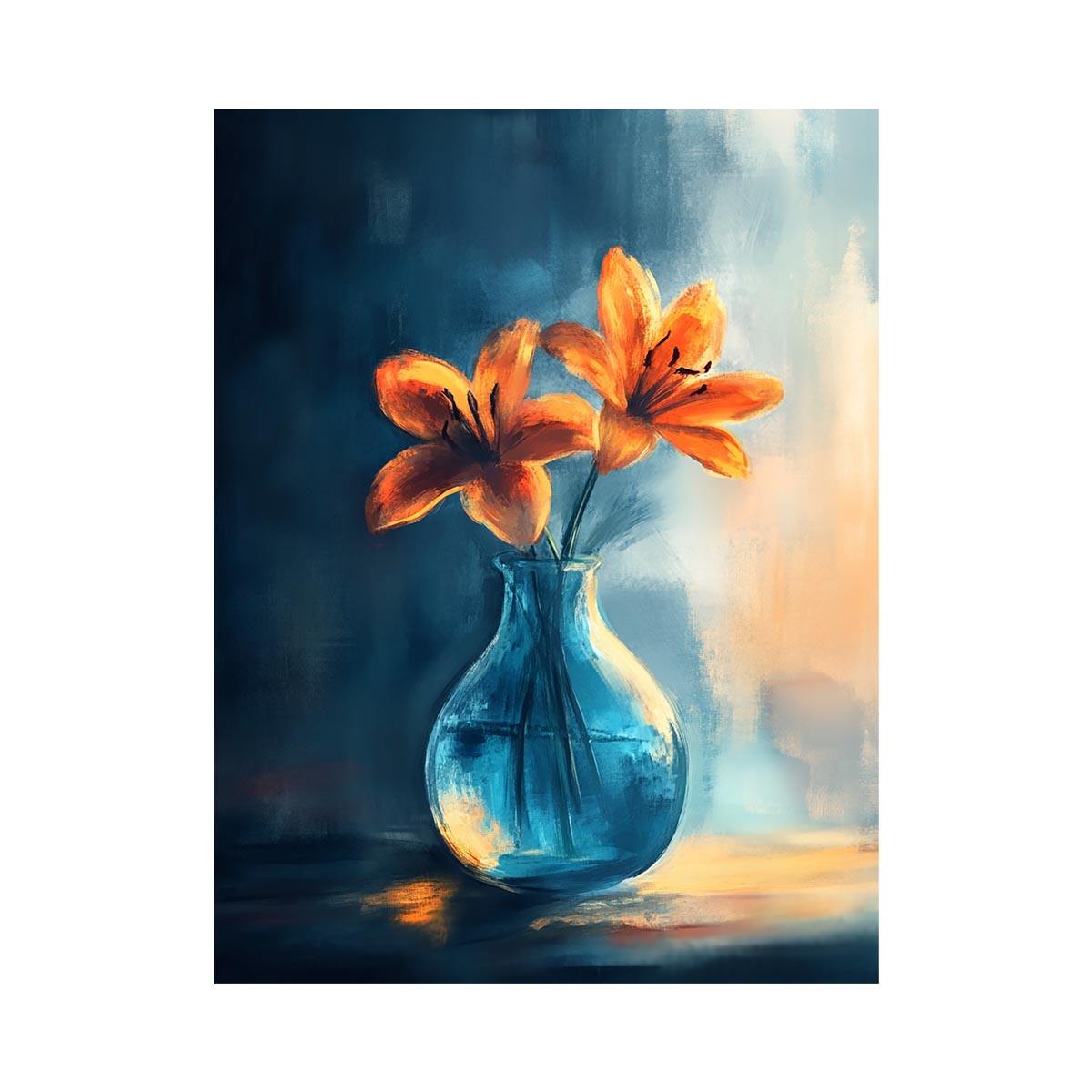 Orange lilies in blue glass vase canvas art for dining room or kitchen decor.