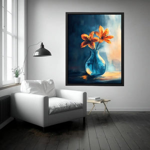 Orange lilies in blue glass vase canvas art for dining room or kitchen decor.