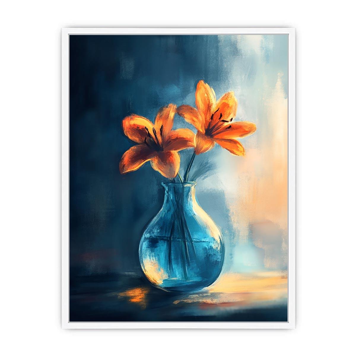 Orange lilies in blue glass vase canvas art for dining room or kitchen decor.