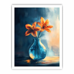 Orange lilies in blue glass vase canvas art for dining room or kitchen decor.
