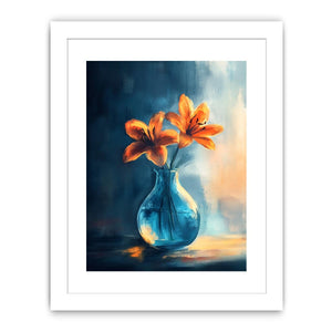Orange lilies in blue glass vase canvas art for dining room or kitchen decor.