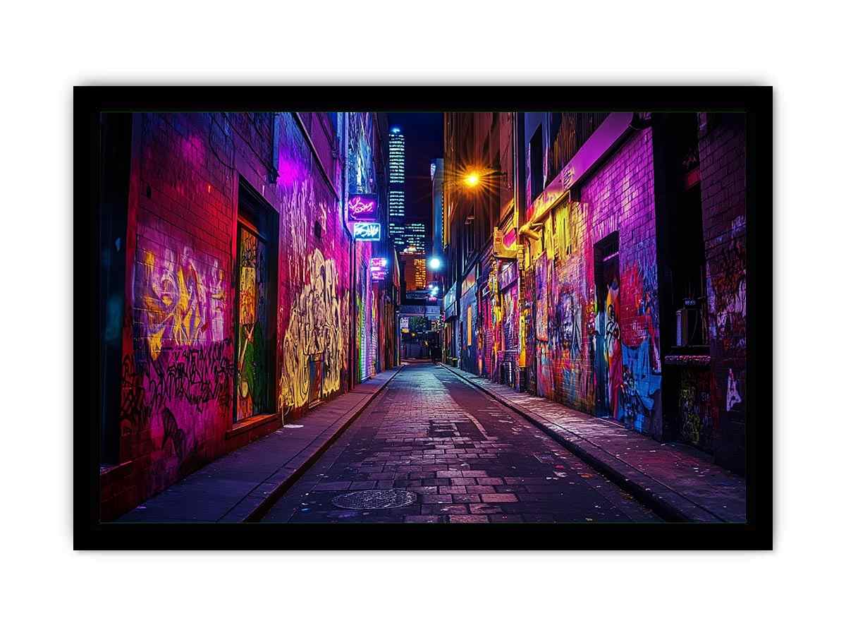 Neon graffiti alley photography wall art for modern loft or office decor.