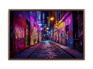 Neon graffiti alley photography wall art for modern loft or office decor.