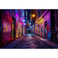 Neon graffiti alley photography wall art for modern loft or office decor.