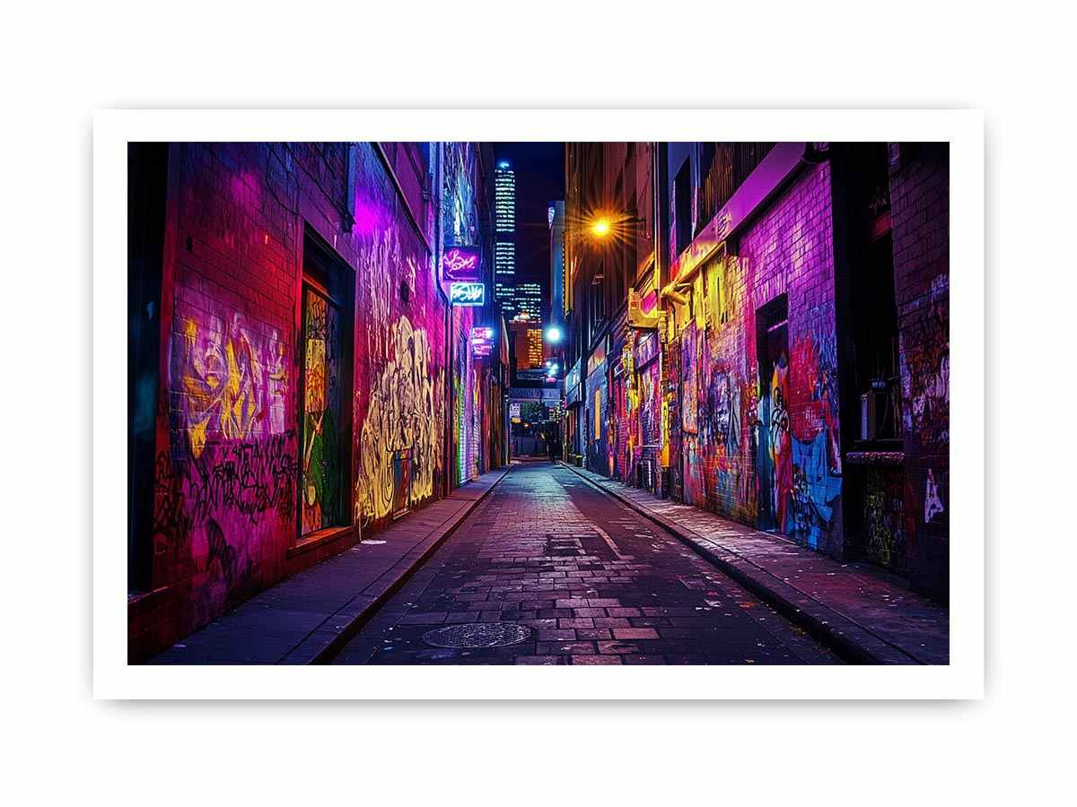 Neon graffiti alley photography wall art for modern loft or office decor.