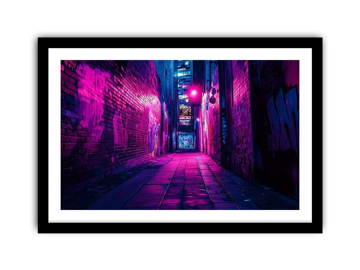 Purple neon graffiti alley canvas art for modern bedroom, loft, or office decor.