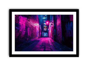 Purple neon graffiti alley canvas art for modern bedroom, loft, or office decor.