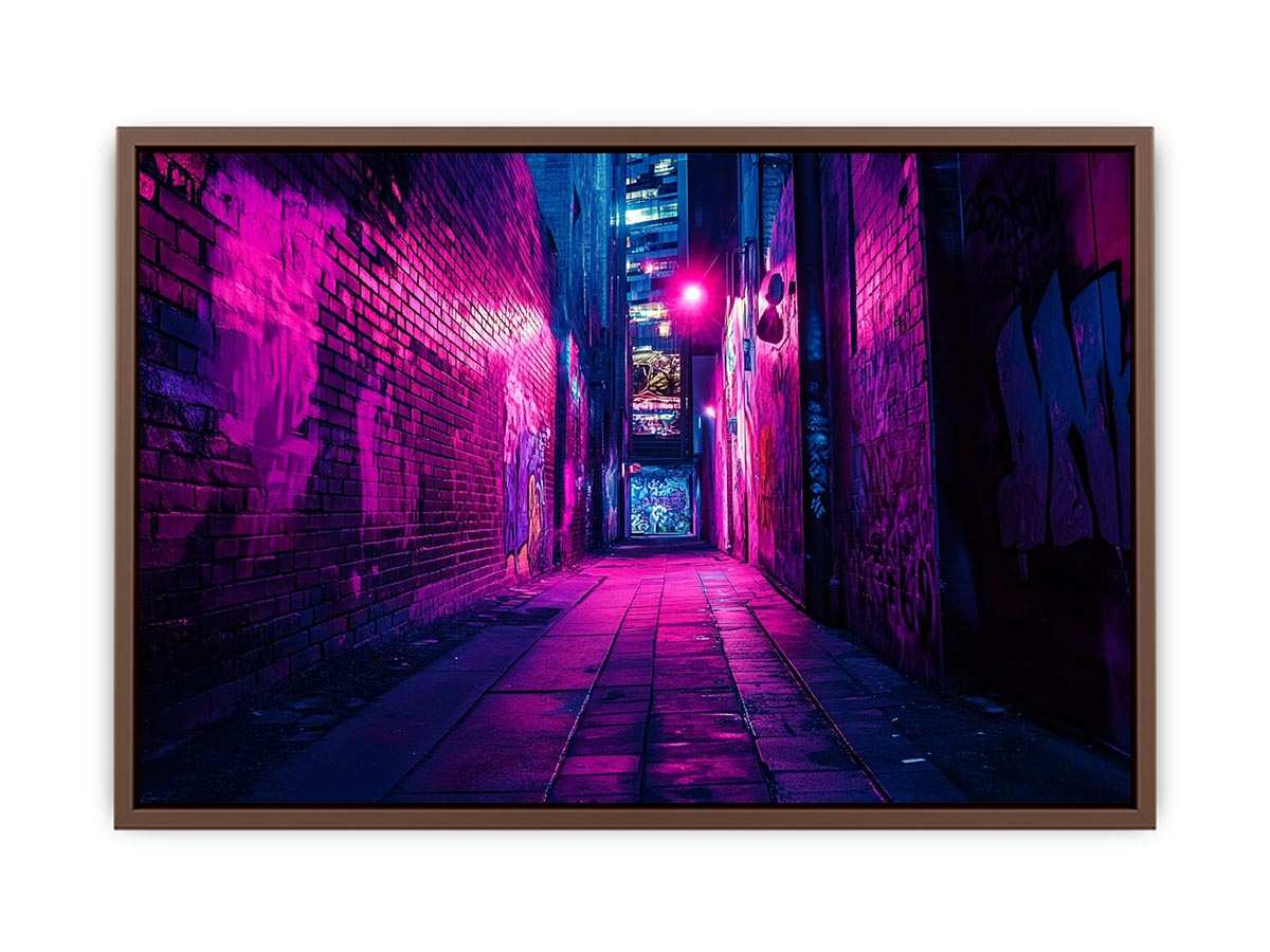 Purple neon graffiti alley canvas art for modern bedroom, loft, or office decor.