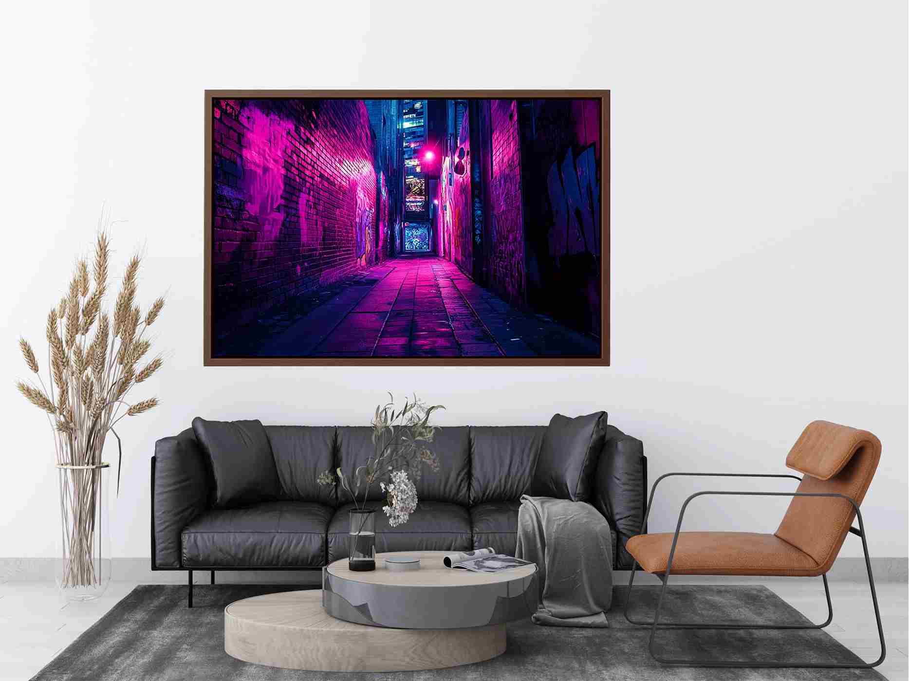 Purple neon graffiti alley canvas art for modern bedroom, loft, or office decor.