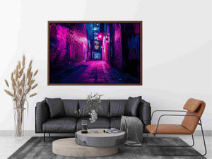 Purple neon graffiti alley canvas art for modern bedroom, loft, or office decor.