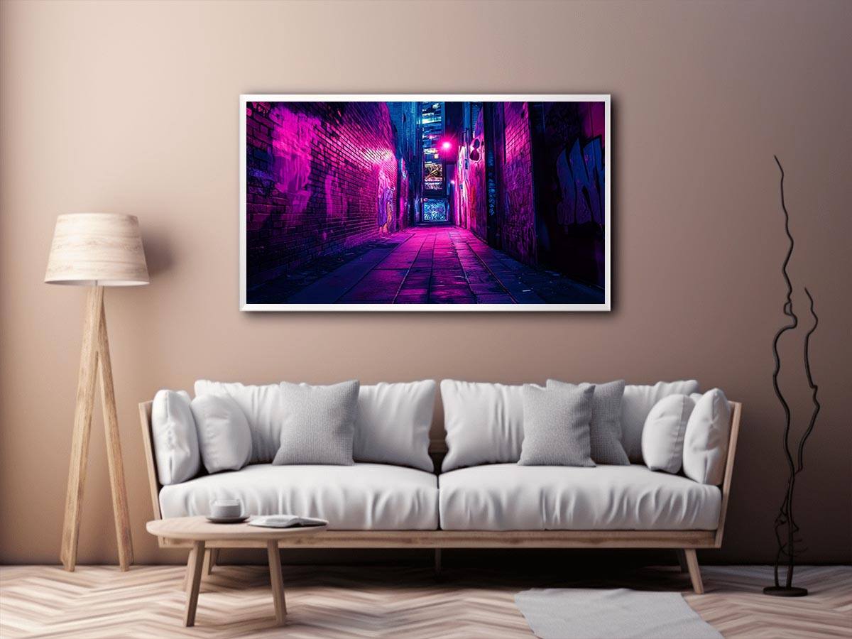 Purple neon graffiti alley canvas art for modern bedroom, loft, or office decor.