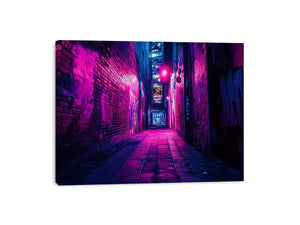Purple neon graffiti alley canvas art for modern bedroom, loft, or office decor.