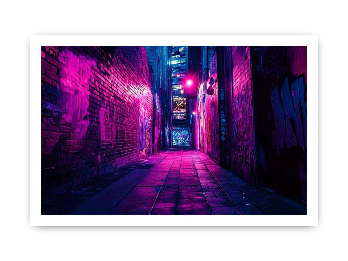 Purple neon graffiti alley canvas art for modern bedroom, loft, or office decor.