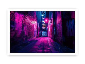 Purple neon graffiti alley canvas art for modern bedroom, loft, or office decor.