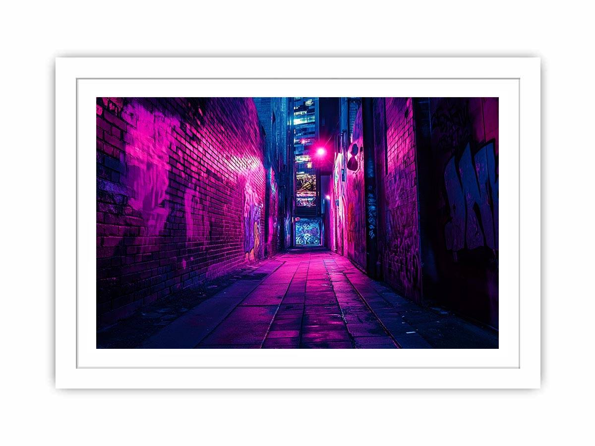 Purple neon graffiti alley canvas art for modern bedroom, loft, or office decor.