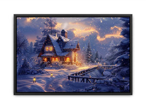Cozy winter cabin canvas art with snow and warm lights for holiday living room decor.