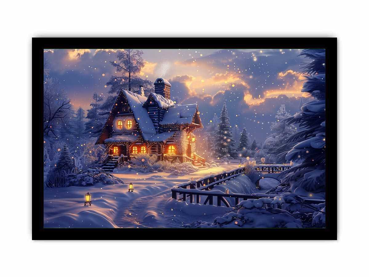 Cozy winter cabin canvas art with snow and warm lights for holiday living room decor.