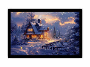 Cozy winter cabin canvas art with snow and warm lights for holiday living room decor.
