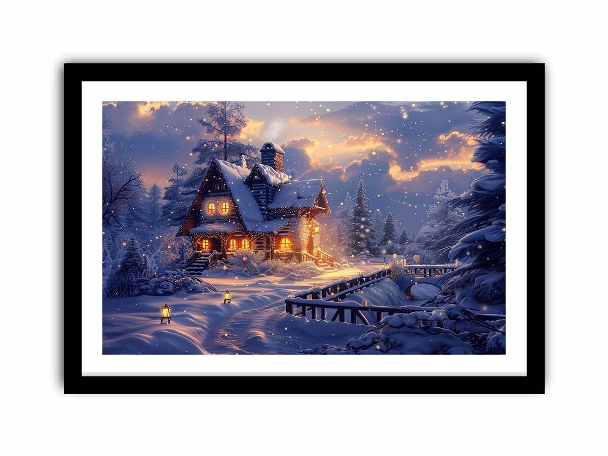 Cozy winter cabin canvas art with snow and warm lights for holiday living room decor.