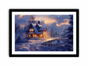 Cozy winter cabin canvas art with snow and warm lights for holiday living room decor.