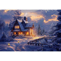 Cozy winter cabin canvas art with snow and warm lights for holiday living room decor.