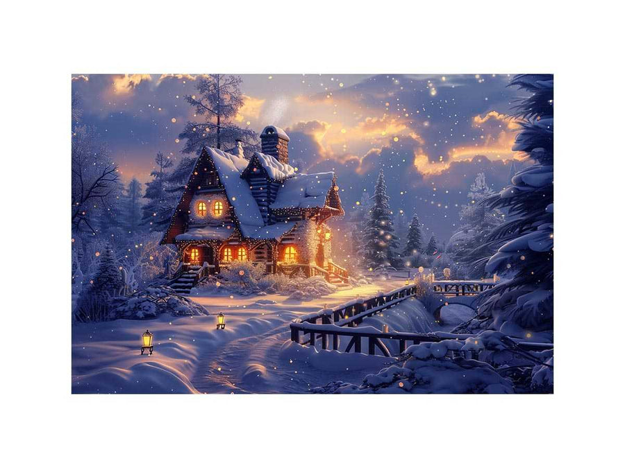 Cozy winter cabin canvas art with snow and warm lights for holiday living room decor.