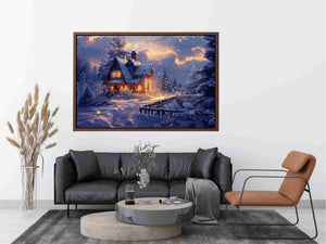 Cozy winter cabin canvas art with snow and warm lights for holiday living room decor.