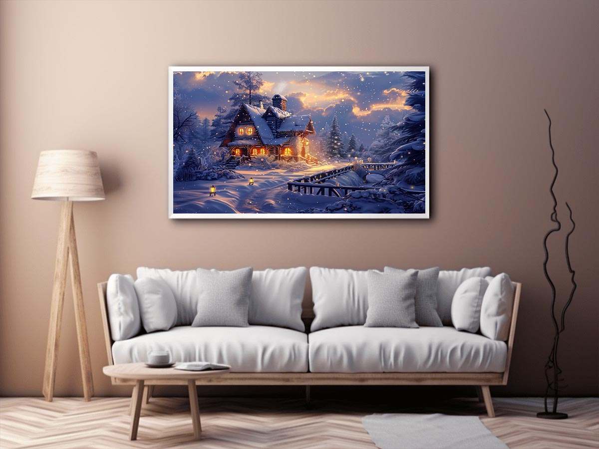 Cozy winter cabin canvas art with snow and warm lights for holiday living room decor.