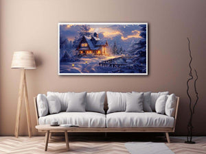 Cozy winter cabin canvas art with snow and warm lights for holiday living room decor.