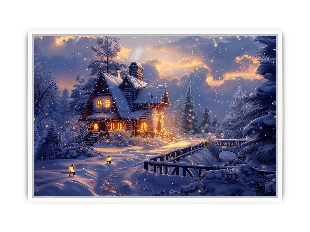 Cozy winter cabin canvas art with snow and warm lights for holiday living room decor.