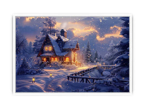 Cozy winter cabin canvas art with snow and warm lights for holiday living room decor.