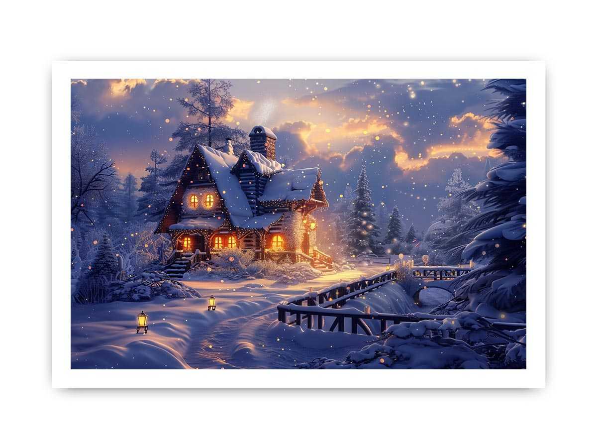 Cozy winter cabin canvas art with snow and warm lights for holiday living room decor.