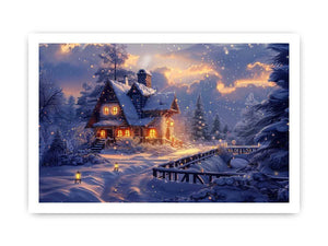 Cozy winter cabin canvas art with snow and warm lights for holiday living room decor.