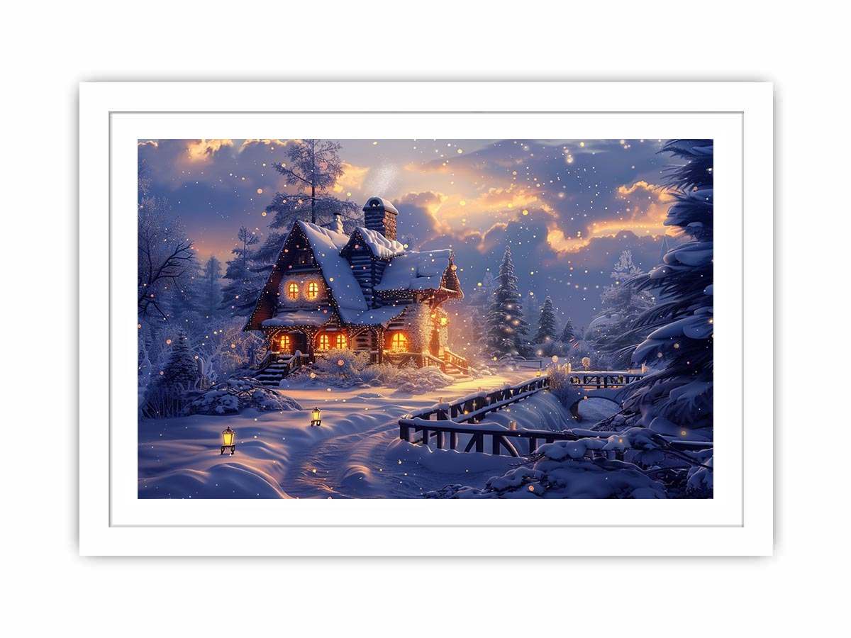 Cozy winter cabin canvas art with snow and warm lights for holiday living room decor.