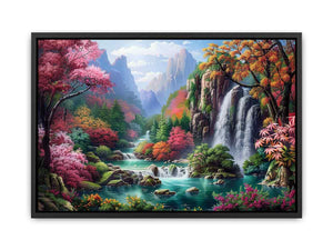 Fantasy waterfall garden canvas art with flowers and mountains for living room decor.