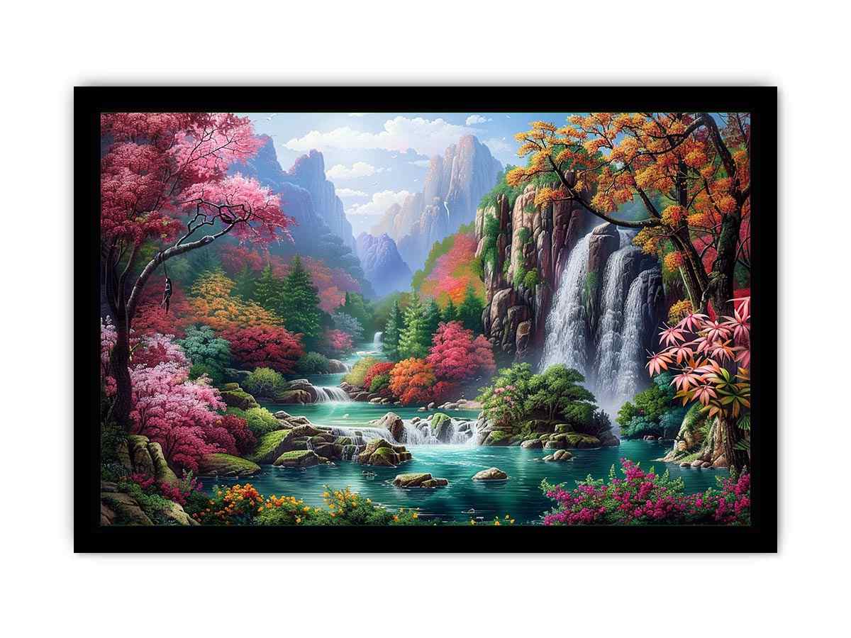 Fantasy waterfall garden canvas art with flowers and mountains for living room decor.