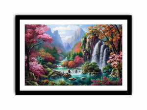 Fantasy waterfall garden canvas art with flowers and mountains for living room decor.
